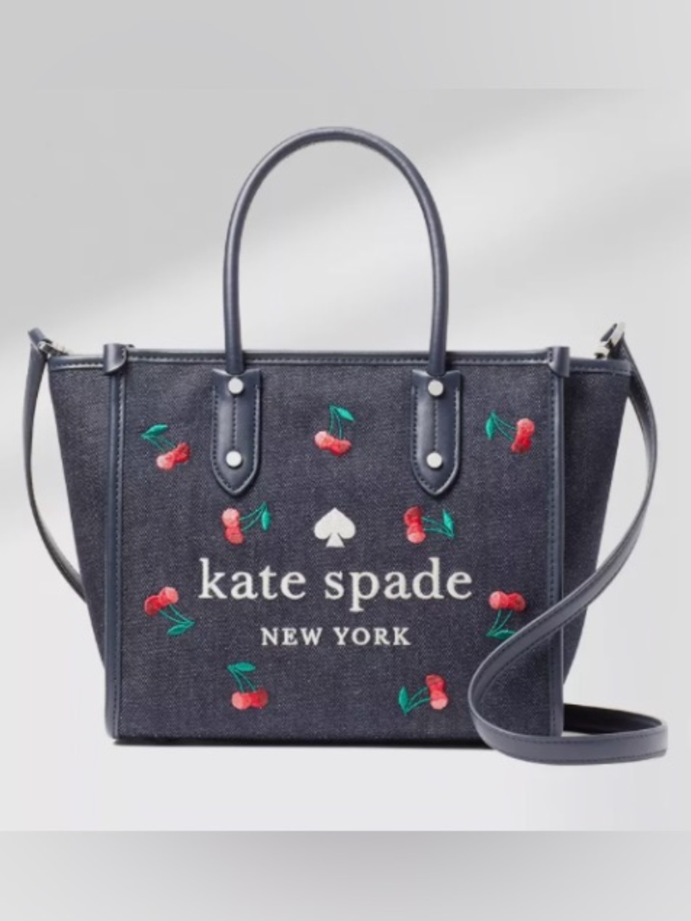 kate spade Ella Cherry Embroidered Denim Tote #k6080 NWOT